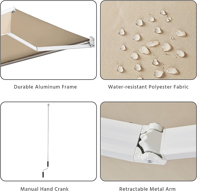 Yaheetech 10 × 8 Ft Patio Awning, Retractable Sun Shade Awning with Manual Crank Handle, Manual Aluminum Deck Awning for Patio/Balcony/Yard, 280g/m² Polyester, Beige