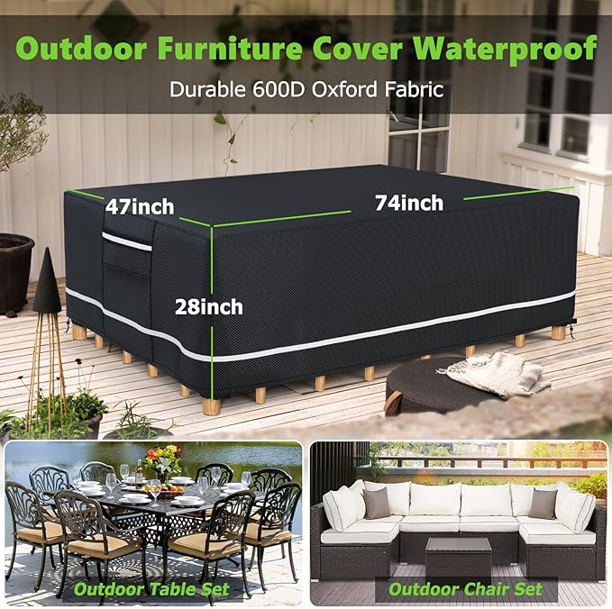 Patio Furniture Covers Waterproof, Heavy Duty 600D Outdoor Furniture Covers for Outdoor Dining Table and Chair,Tear Resistance and Anti-UV, 74"L x 47"W x 28"H, Black with White Border