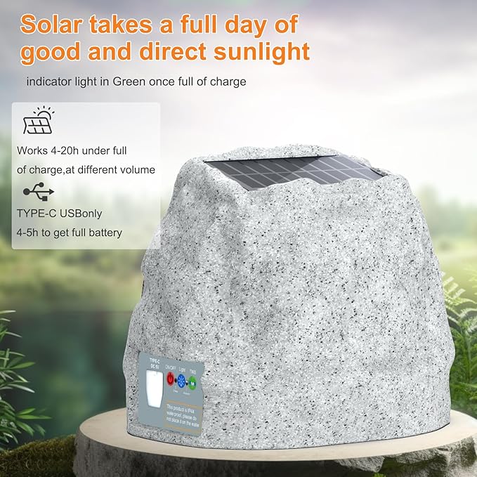 Outdoor Speakers Solar Powered & USB-C Charging Rock Speaker TWS Pairing Wireless Outdoor Speaker Bluetooth 5.4, LED Light Show, Waterproof, ideal for Backyard BBQ, Garden, Poolside (2-Pc,Grey)