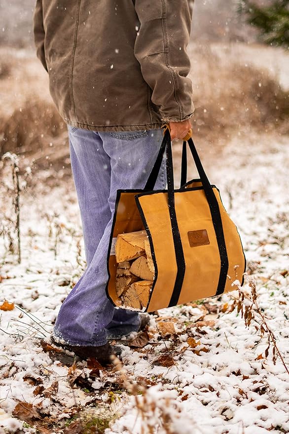 WHITEDUCK TUFF Large Firewood Carrier 21 Oz. Heavy Duty Waxed Canvas Log Carrier Holder for Fireplace, Carrying Wood Indoor & Outdoor (Brown, Rectangle (39"x18"))