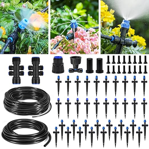 HIRALIY 210FT Drip Irrigation System, Quick Connector Garden Watering Automatic Sprinkler Kit for Lawn Raised Bed Greenhouse Misting System with 3 Kinds Dripper, Adjustable Nozzle