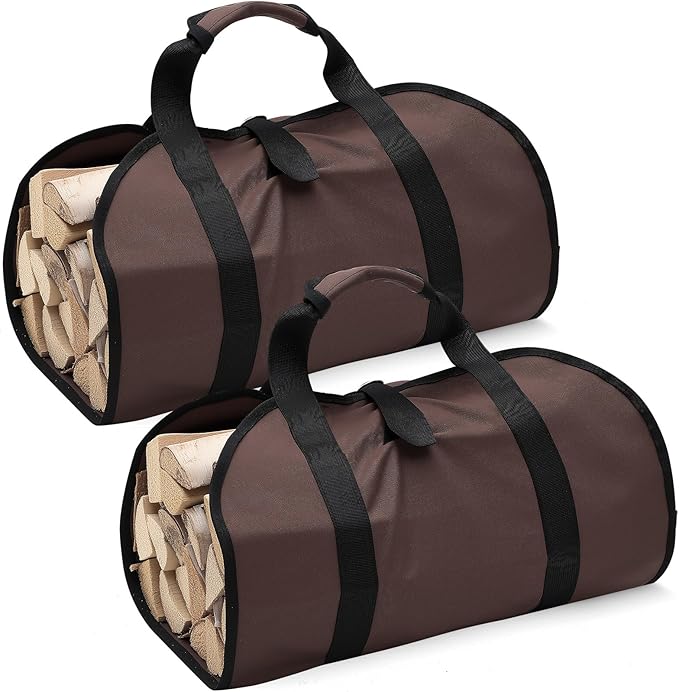 2 Pcs Canvas Firewood Carrier Bag with Handles, Canvas Waxed Large Carrier Logs Tote Indoor Carrying Bag Wood Storage Carriers for Fireplace Cabin Camping Outdoor, Dark Brown