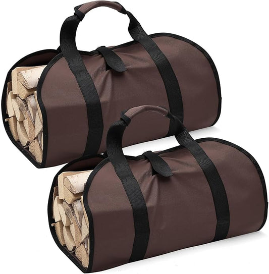 2 Pcs Canvas Firewood Carrier Bag with Handles, Canvas Waxed Large Carrier Logs Tote Indoor Carrying Bag Wood Storage Carriers for Fireplace Cabin Camping Outdoor, Dark Brown