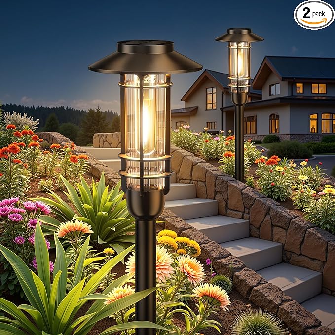2 Pack Solar Pathway Light Outdoor, Upgraded Bright Solar Powered Garden Light Outside, Waterproof Outdoor Lighting for Landscape Lawn Patio Yard Path Driveway Walkway Decor, Warm White