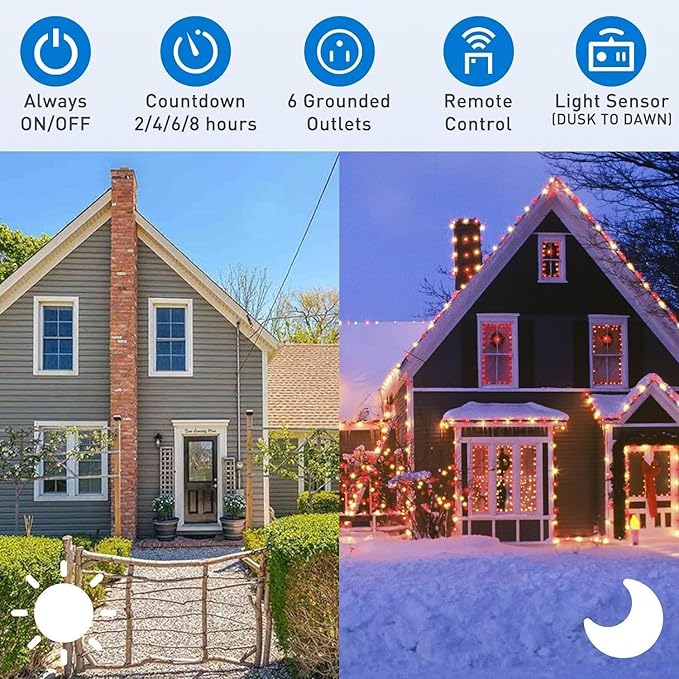 Outdoor Power Stake Timer, 24 Hour Light Timers with Remote Control, 6 Outlet Countdown Yard Stake Timer for Halloween Christmas Holiday Lights, 6ft Extension Cord, UL Listed