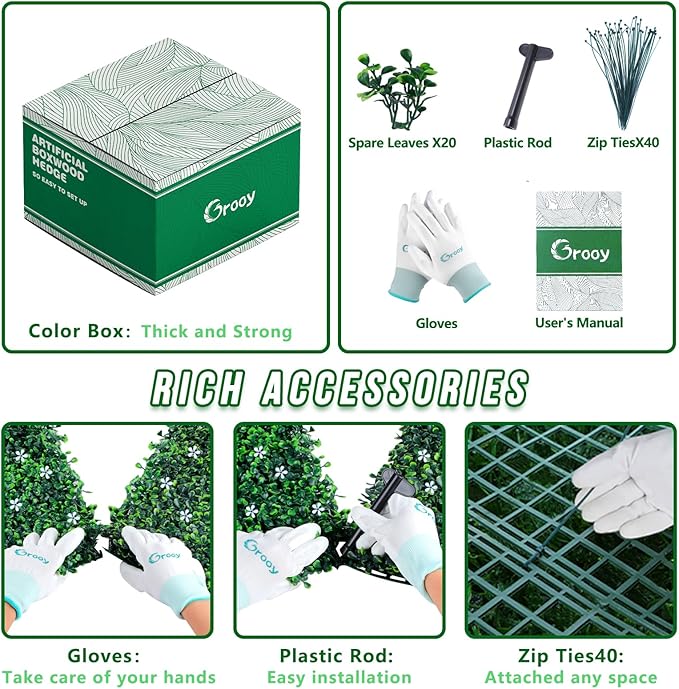 24PCS Grass Wall Panel with Flowers, 20x20inch Boxwood Panels, Grass Backdrop of Covering 66.66SQFT, UV Protected Wall Backdrop for Outdoor Garden and Indoor Home Wedding