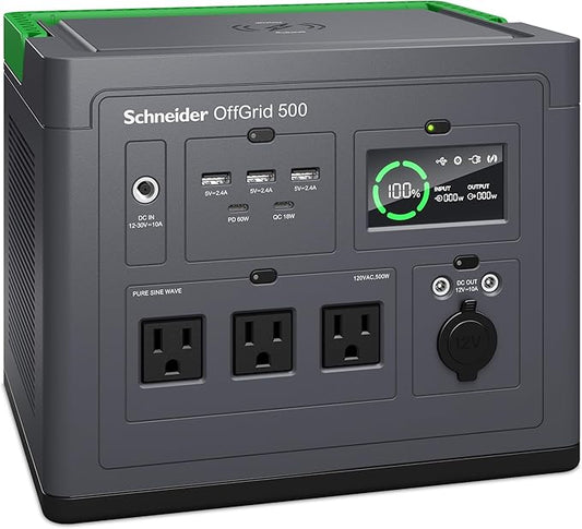Schneider OffGrid Portable Power Station 500, 517Wh Portable Solar Generator for Camping or Home, PPS500, Wireless phone charger, solar generator options