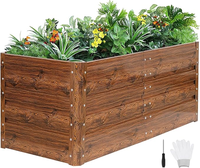 1MORE Raised Garden Bed- 4x2x1.8ft Planter Garden Boxes Outdoor, Raised Beds for Gardening, Large Metal Garden Bed Kit for Vegetables Flower, Deep Root Planter Raised Beds with Tools.Grain