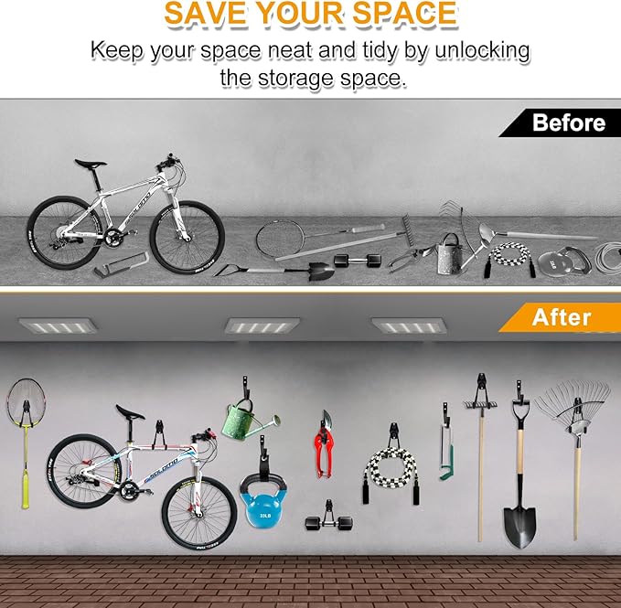 REMIAWY Garage Hooks Heavy Duty, Steel Utility Garage Storage Hook 6 Pack, Wall Mount Double Tool Hangers with Anti-Slip Coating for Hanging and Organizing Ladder Bike, Garden Tools, Bulk Items