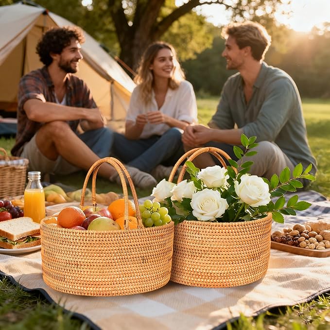 15"×11"×6.3" Rattan Picnic Basket with Handles, Large Oval Gift Baskets, Hand-Woven Basket for Fruit, Empty Gift Basket for Festival, Wedding, Camping