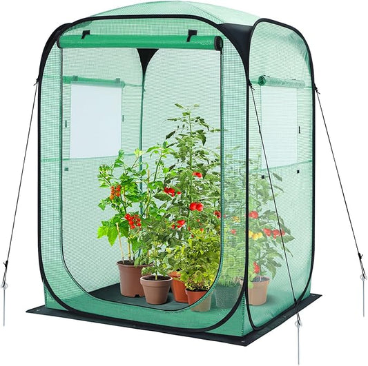 Ohuhu Pop Up Greenhouse for Outdoors, Portable Walk-in Mini Green House with Removable PE Mat & Mesh Window Fast Set-up GreenHouses for Indoor Outside Protecting Plant from Cold Frost & Birds