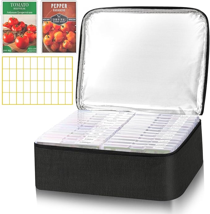 26 Slots Seed Storage Organizer Box with Insulated Bag That Holds 80-200 Seed Envelopes, Oxford Cloth Garden Seed Containers with Labels, Seed Packet Organizer for Plant, Flower ,Vegetable Seeds