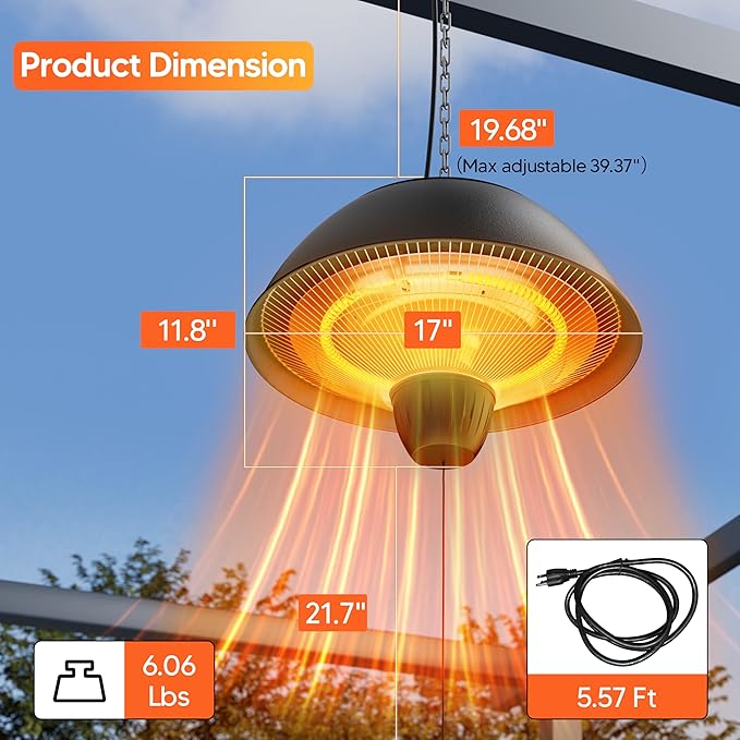 Electric Outdoor Heater, 1500W Outdoor Hanging Heater, Ceiling Mounted Infrared Patio Heater for Outdoor Use, Waterproof Electric Heater for Porch, Balcony, Garage, Adjustable Height, Black