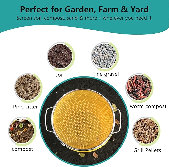 Stainless Steel Soil Sifter for 5 Gallon Bucket, 1/4 inch Mesh Garden Screen for Dirt, Sand, Compost with Heavy Duty Handles (1/4 inch)