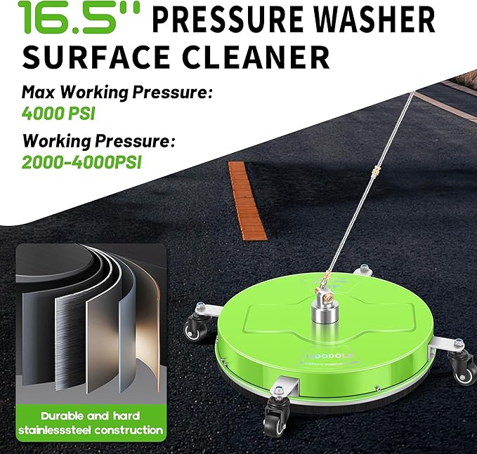 16.5" Pressure Washer Surface Cleaner with 4 Wheels - Coated Green Stainless Steel Surface Cleaner for Pressure Washer Attachment for Concrete, Driveway, Patio, Sidewalk, Deck and Driveways - PWS165