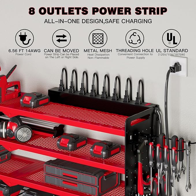 Power Tool Organizer Wall Mount with Charging Station,Cordless Tool Organizer 8 Drill Holder, 4 Layer Storage Rack for Garage Organization,Tool Holder with 8 Outlet Power Strip (Red)