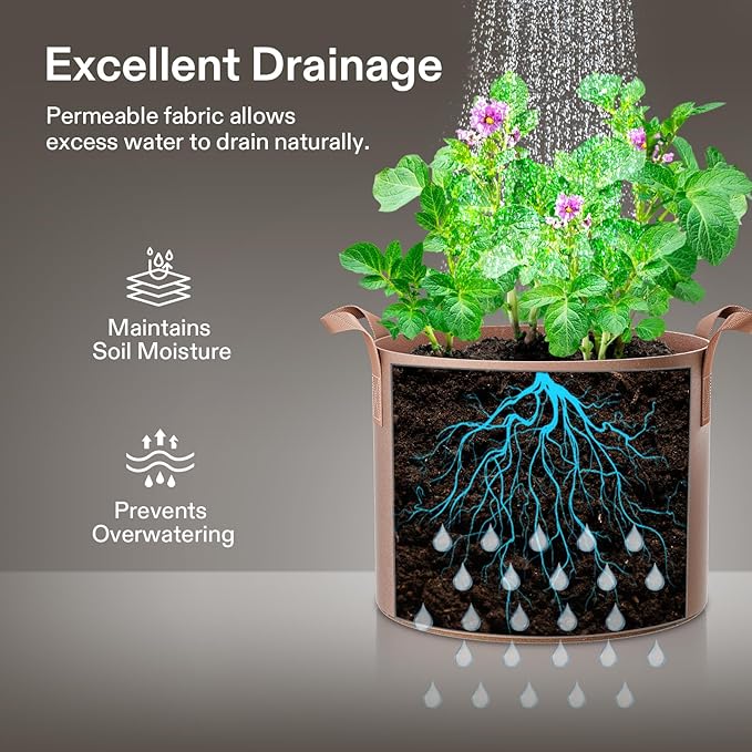 VIVOSUN 5-Pack 30 Gallons Grow Bags Heavy Duty Thickened Nonwoven Fabric Pots with Strap Handles Tan