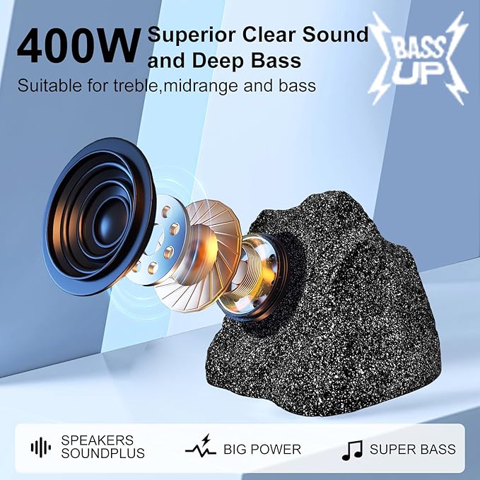 STUDIOFINIX 6.5 Inches Bluetooth Rock Speakers Outdoor Waterproof, 400W Powerful Bass & All Weather, for Backyard Garden Pool Deck BBQ Porch (Pair