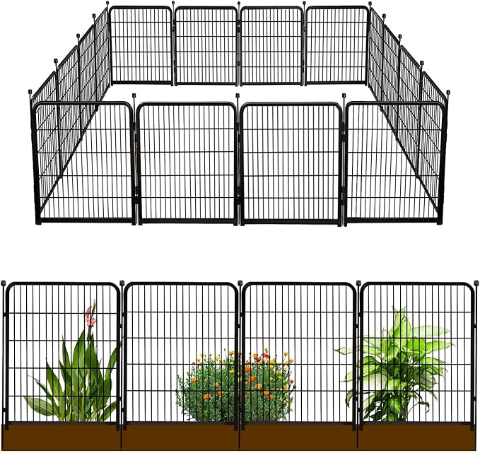 Doorless Garden Fences and Borders for Dogs, 36in(H) 14 Panels Total 31 Ft(L), Black Metal Decorative Garden Fencing, Flower Bed Fencing, Dog Digging Fence Barrier, Rabbit Fence for Flowers