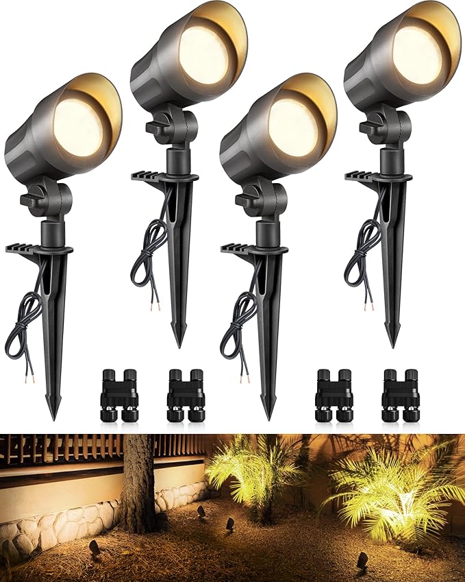 SUNVIE 6W Low Voltage Landscape Lighting LED Landscaping Lights Warm White Low Voltage Lighting Waterproof Landscape Spotlights with Connectors Spot Lights Outdoor for Tree Wall Pathway Yard, 4 Pack