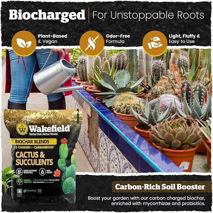 Wakefield Biochar Blend Potting Mix for Cactus & Succulent – Premium Potting Soil Blend with CarbonBoost Technology for Superior Drainage, Moisture Retention & Root Growth – 4 QT Organic Soil Mix