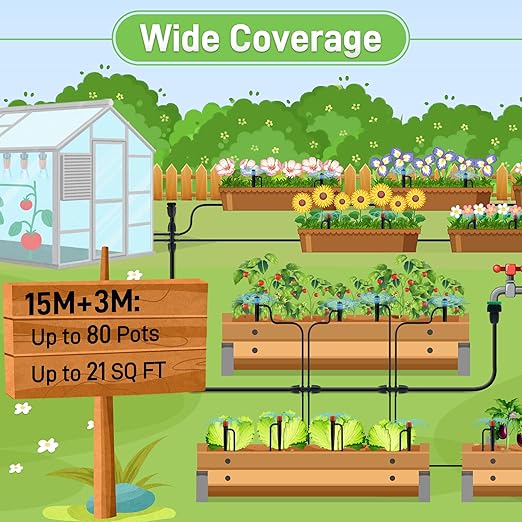 59FT Drip Irrigation System Kit, Garden Watering System with 1/2" 1/4" Tube Hose Adjustable Nozzle Barbed Fittings, Micro Misting Sprinkler System for Plant Lawns Raised Beds Greenhouses