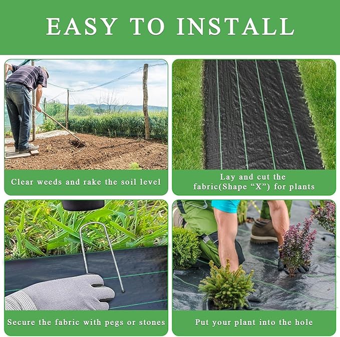 16pegs + 1.4ftx100ft Heavy Duty Weed Barrier Landscape Fabric with Green Grid Lines, Polypropylene Garden Cloth, Ground Cover Perfect for Gardens, Flower Beds, Pathways, Under Lawns, Trees, Shrubs