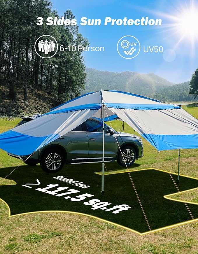 JOYTUTUS Versatile Vehicle Awning with 3 Removable Sides, Large Car Awning 11.5FT * 7.9FT, UV50+ and Waterproof PU2000mm Truck Canopy, SUV Camping Sunshade with 8 Storage Pockets