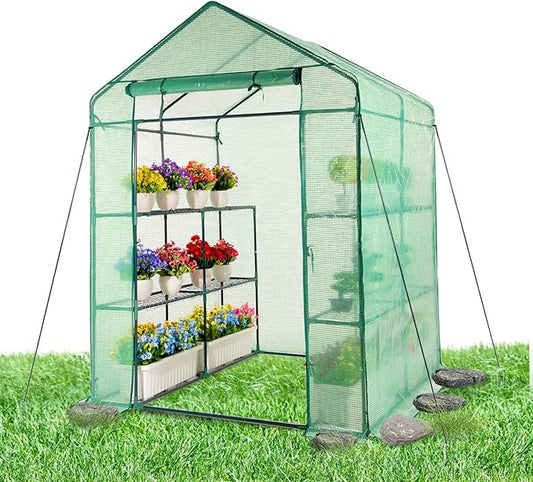 IDZO Walk in Greenhouse, Outdoor Greenhouse with Durable PE Cover & Sturdy Steel Frame for All Seasons, Convenient Rollable Door, Anchor & Rope Included for More Stable Stand, Easy to Install