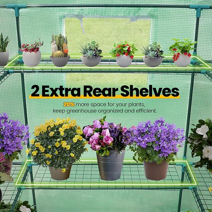 KING BIRD Premium Greenhouse for Outdoors, 56 x 56 x 77 Upgraded PE Cover & Steel Frame Walk in Hot House, w/ Zippered Screen Windows Mesh Door, 3 Tiers 14 Shelves for Outside Garden, Green