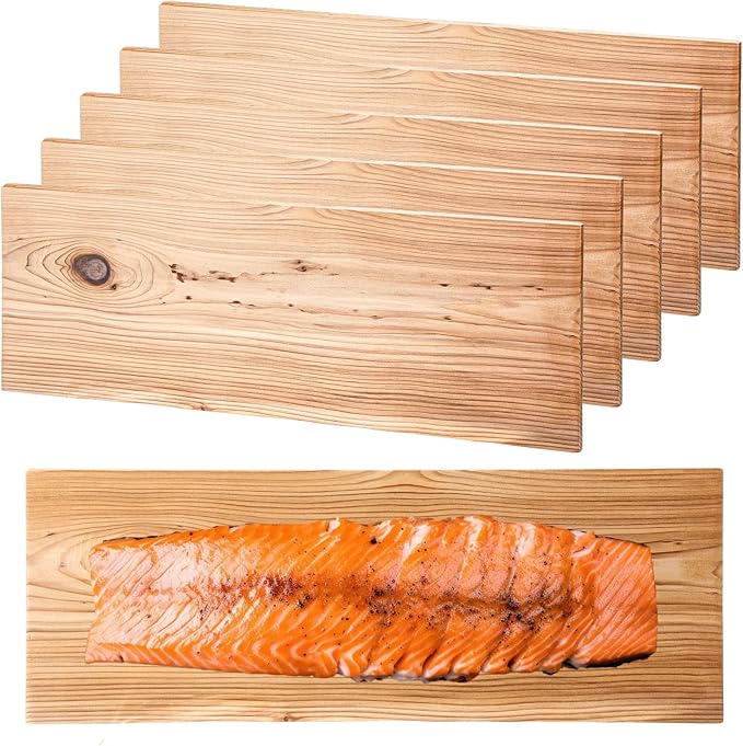 Landical 6 Pcs XL XXL Large Cedar Planks for Grilling Salmon Thicker Design Full Filet of Salmon Meat Fish and Veggies Adding Extra Smoke and Flavor Soaking Fast Easy to Use (15 x 5.5 Inches)