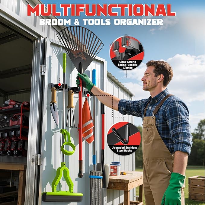 Power Tool Organizer Wall Mount with Broom Holder Combo, Red & Black 3-Tier Garage Storage Rack with Battery Storage, 4 Drill Holder Slots, Heavy Duty Steel 150LB Capacity