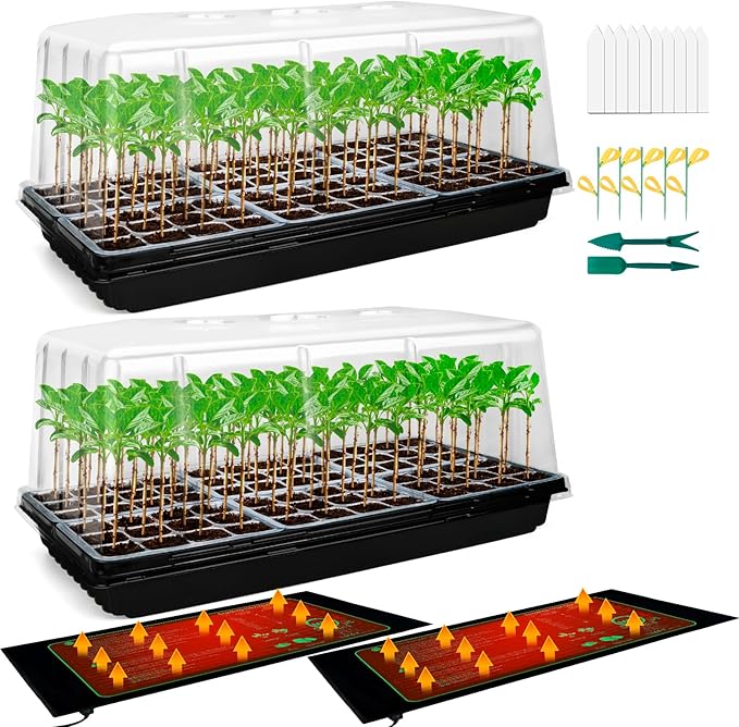 1020 Plant Tray with Tall 8'' Dome, 144-Cell Seed Starter Tray with Heat Mat, Extra Large Seed Starter Kit, Heavy-Duty Seed Starter Tray for Seed Starting, Plant Germination & Growing, 2 Pack