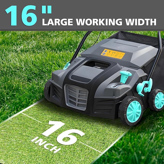 16-Inch 15-Amp 2-in-1 Electric Dethatcher and Lawn Scarifier with 14.5-Gallon Collection Bag, 5-Position Depth Adjustment, Lawn Care Machine for Thatch Removal and Grass Revitalization - XSS16D
