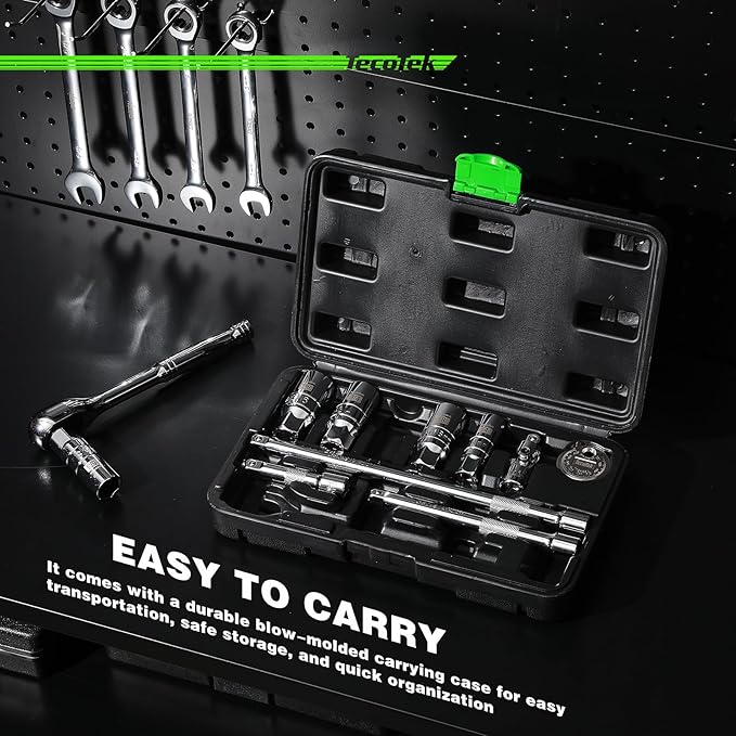 11-Piece Spark Plug Socket Set with 3/8" Drive Ratchet Handle, Spark Plug Gapper, Universal Joint and Extension Bar, 5/8", 3/4", 13/16", 14mm, 18mm, CR-V Sockets with Rubber Retaining Rings