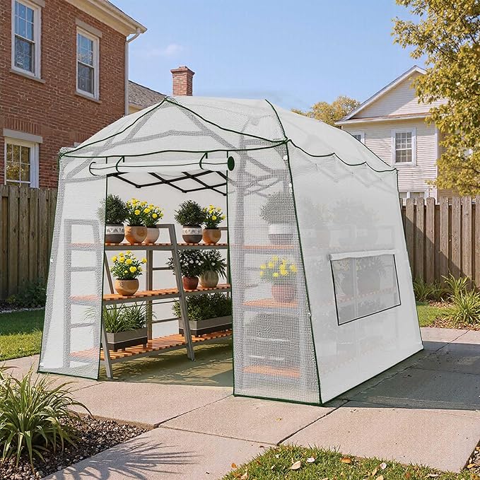 11 x 8.5 FT Walk-in Greenhouse, Portable Pop-up Green House 3 Adjustable Hights Heavy Duty Plant Gardening Canopy with Durable PE Cover for Indoor Outdoor (Clear and White)
