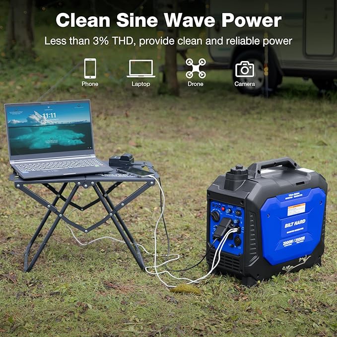 BILT HARD Generator 2500 Watt, Quiet Inverter Generator Portable 80cc 4 Stroke Engine, CO Sensor, Parallel Ready, 120V AC Duplex Receptacle and 12V DC Output, Outdoor Generators for Home Backup Use