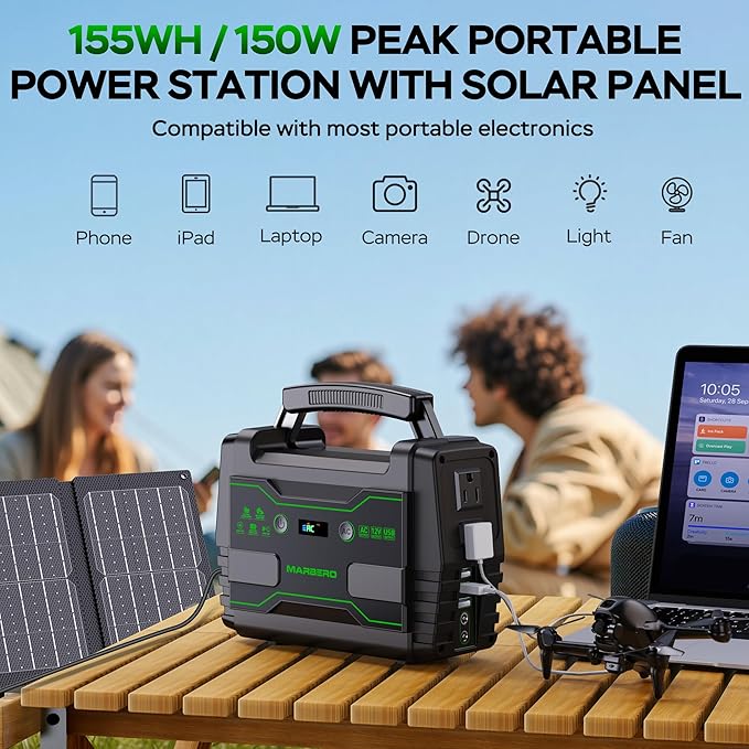 MARBERO Solar Powered Generator 155Wh with 30W Foldable Solar Panels 100W AC Output Lithium Battery Portable Power Station with AC DC and USB Outputs for Camping Emergency Home Backup Blackout Hiking