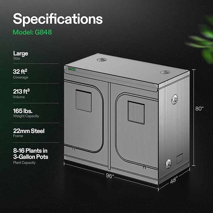 VIVOSUN G848 96"x48"x80" Grow Tent, 8x4 FT Advanced Gray Mylar Hydroponic Tent with 22mm Poles, Observation Window and Floor Tray for Plants for VS4000/VSF4300