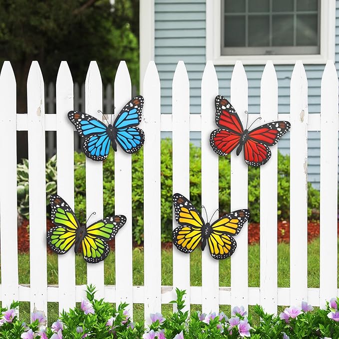 Metal Butterfly Wall Outdoor Decor, 4 Pack 9.8in Metal Butterflies Wall Art Sculpture Hanging Decorations for Backyard Patio Fence Garden Home, Gift for Mom Friend