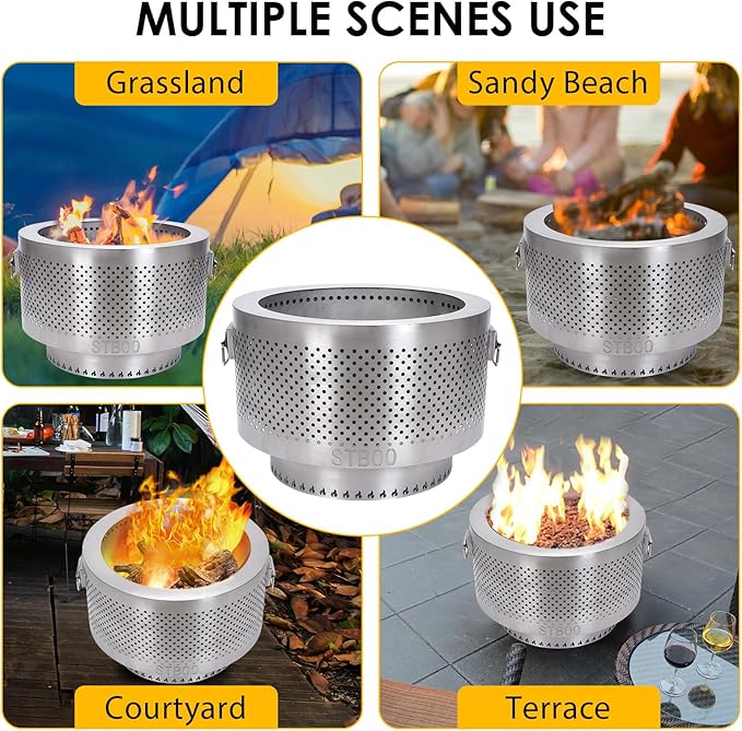 STBoo 20Inch Large Firepit - Fire Pits for Outside with Portable Carrying Storage, Outdoor Fireplace for Camping Picnic Backyard Beach,Stainless, L