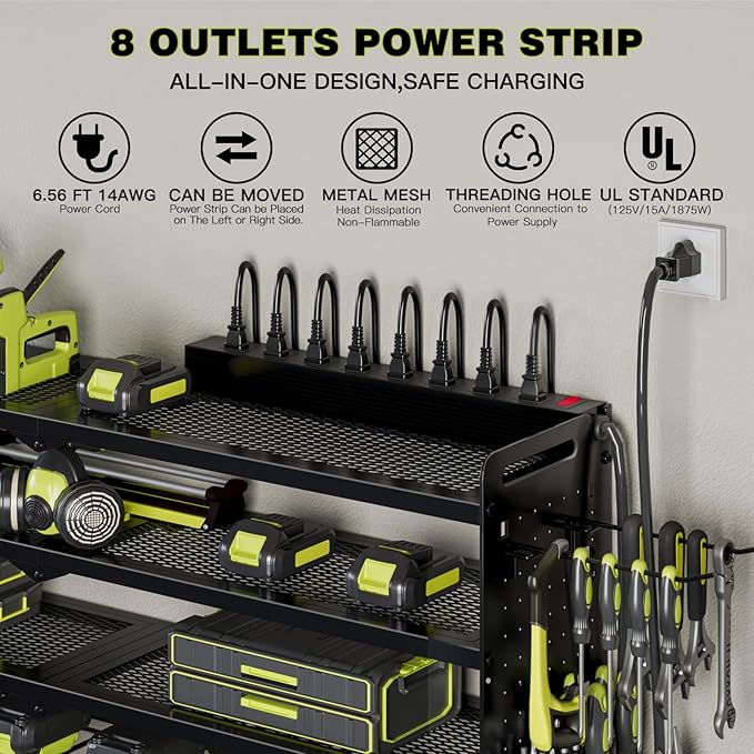 Power Tool Organizer Wall Mount with Charging Station,Cordless Tool Organizer 8 Drill Holder, 4 Layer Storage Rack for Garage Organization,Tool Holder with 8 Outlet Power Strip (Black)