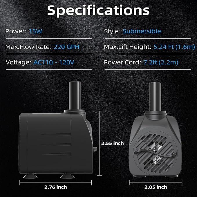 220GPH Submersible Water Pump(900L/H, 15W), waatoos Durable Outdoor Fountain Pump with 4.9 ft Tubing for Aquariums, Fish Tank, Pond Fountain, Statuary, Hydroponics, Water Feature, Indoor Fountains