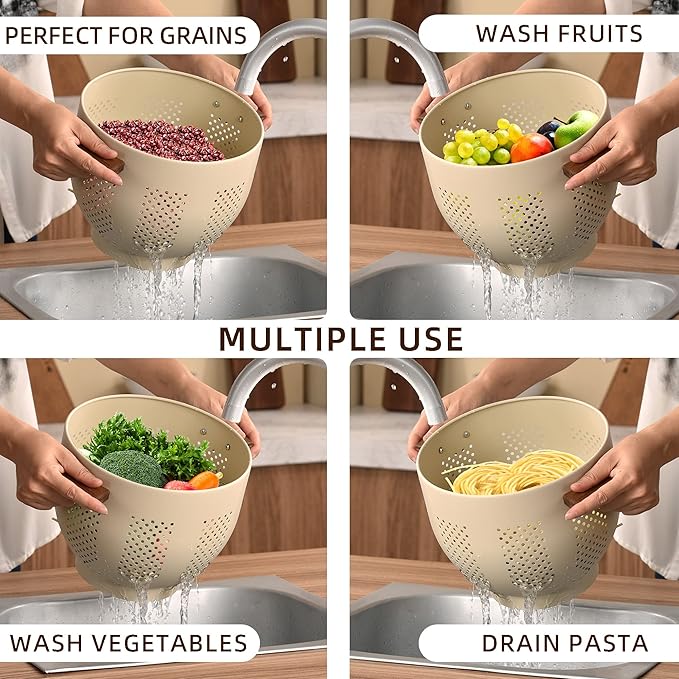 Metal Colander with Wood Handle and Stable Base, Powder Coated Steel Kitchen Strainer Basket for Draining Pasta, Vegetable and fruit(7quart,Sandyellow)