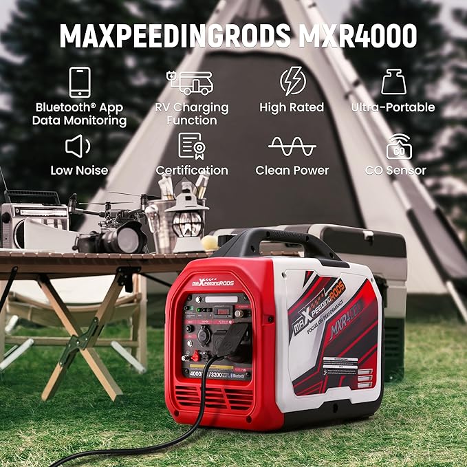 maXpeedingrods 4000 Watt Inverter Generator Portable, Bluetooth® App Remote Data Monitor, RV Ready, Gas Powered Generator with CO Alarm for Outdoor Camping, Home Backup