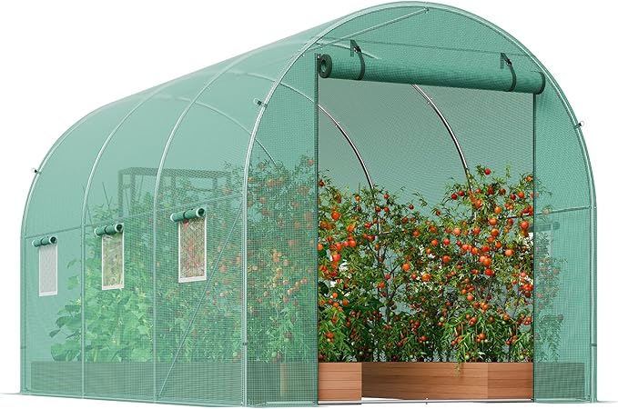 VEVOR Walk-in Tunnel Greenhouse, 9.6x6.4x6.2 ft Hoop House Greenhouse Tunnel, Plant Hot House with Galvanized Steel Frame, Green PE Cover, Roll-up Zipper Door and 6 Windows for Outdoor