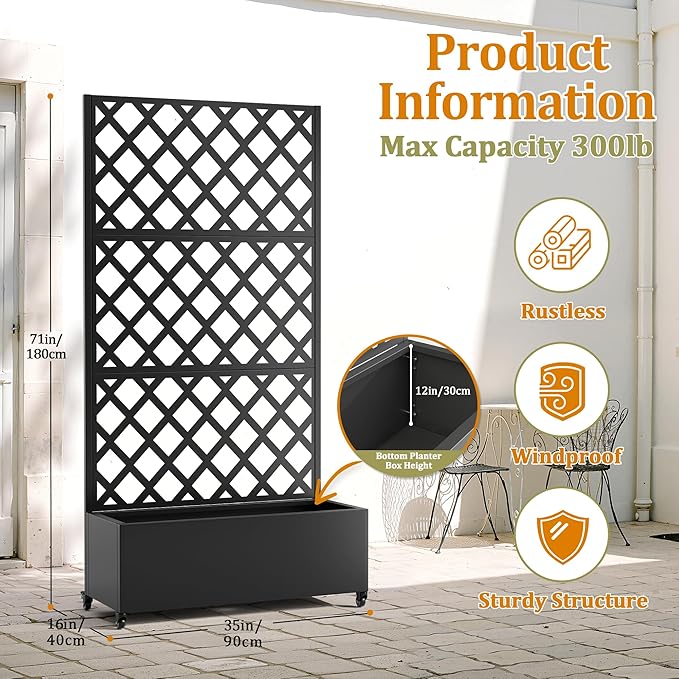 Metal Planter Box with Trellis, Heavy-Duty Raised Garden Bed for Climbing Plants, Drainage Hole, Outdoor Planter Box with Privacy Screen，35''L×16''W×71''H
