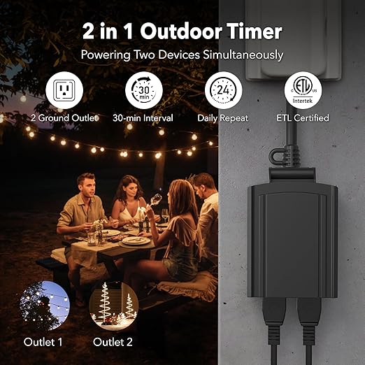 BN-LINK 24 Hour Heavy Duty Mechanical Timer, Outdoor Timer Outlet Waterproof with 30 Minutes Intervals, 2 Grounded Outlets for Christmas Lights Pool Pump,15A 1/2HP, ETL Listed(2 Pack)