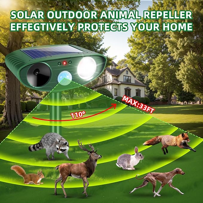 2Pack Solar Ultrasonic Animal Repellent Outdoor Deer Repellent Devices with Motion Detection&Flash Light Squirrel Rabbit Dog Cat Deterrent,Keep Rodent Chipmunk Raccoon Away for Yard Garden Lawn 2025