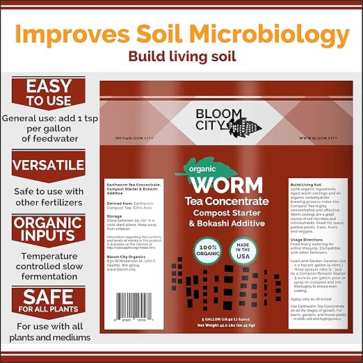 Organic Earthworm Tea Concentrate and Compost and Bokashi Booster by Bloom City, Quart (32 oz)
